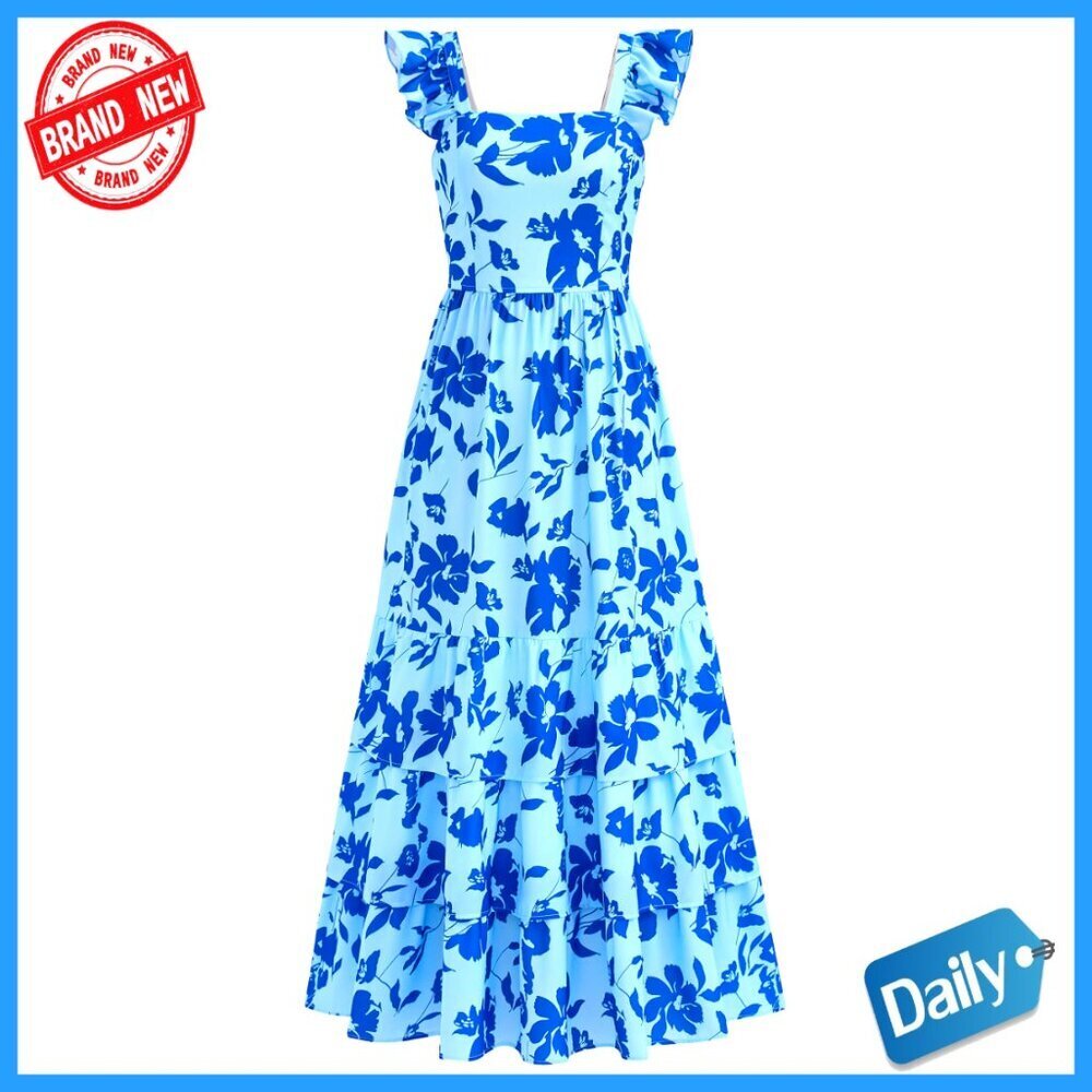 Boho Floral Maxi Dress Ruffle Smocked Tiered A-Line Backless with Pockets